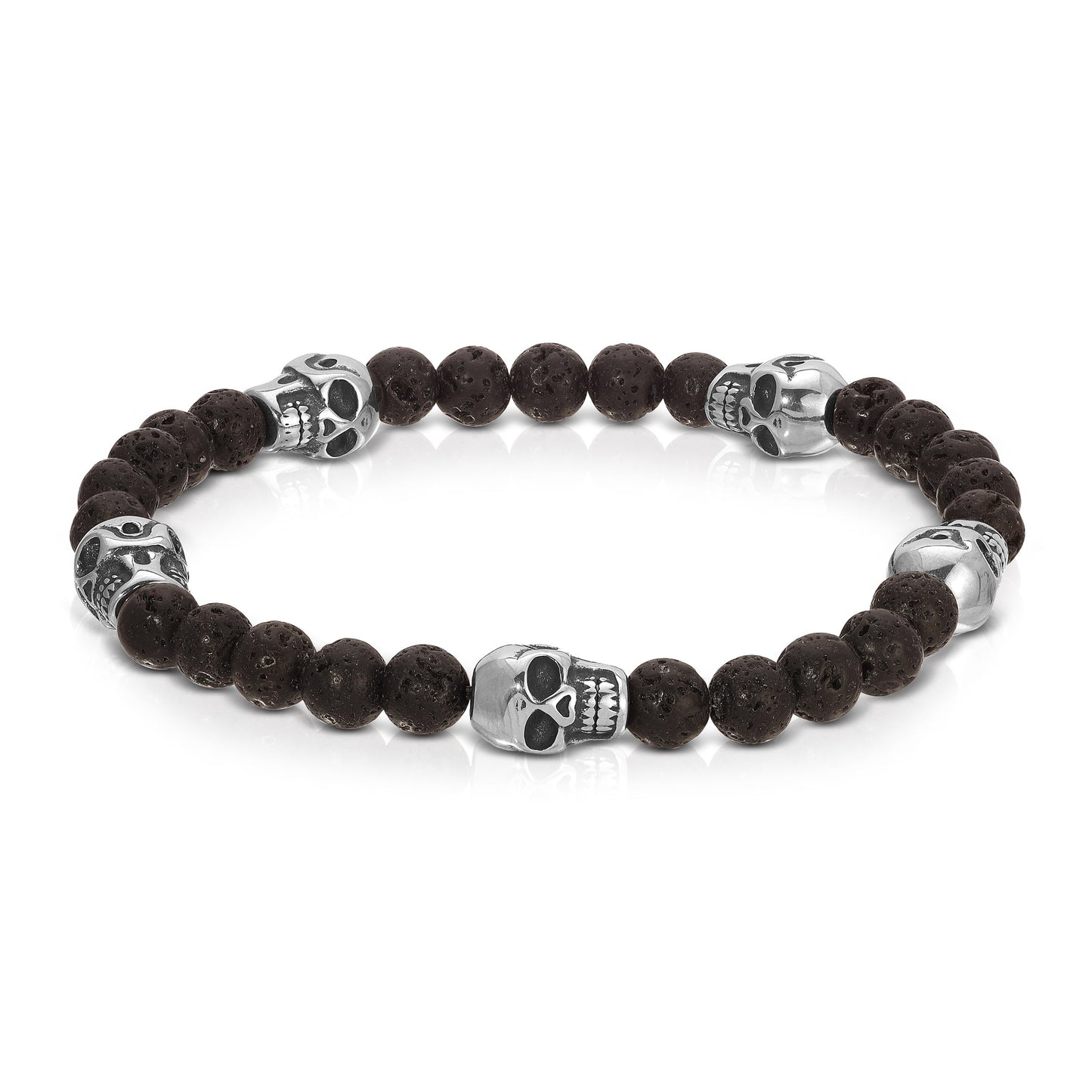 black beaded bracelet with silver skull charms