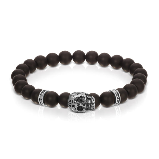 black beaded bracelet with silver skull charm
