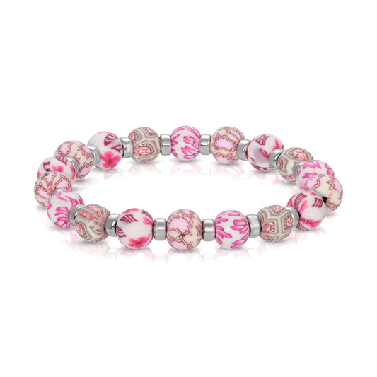 pink and white floral beaded bracelet