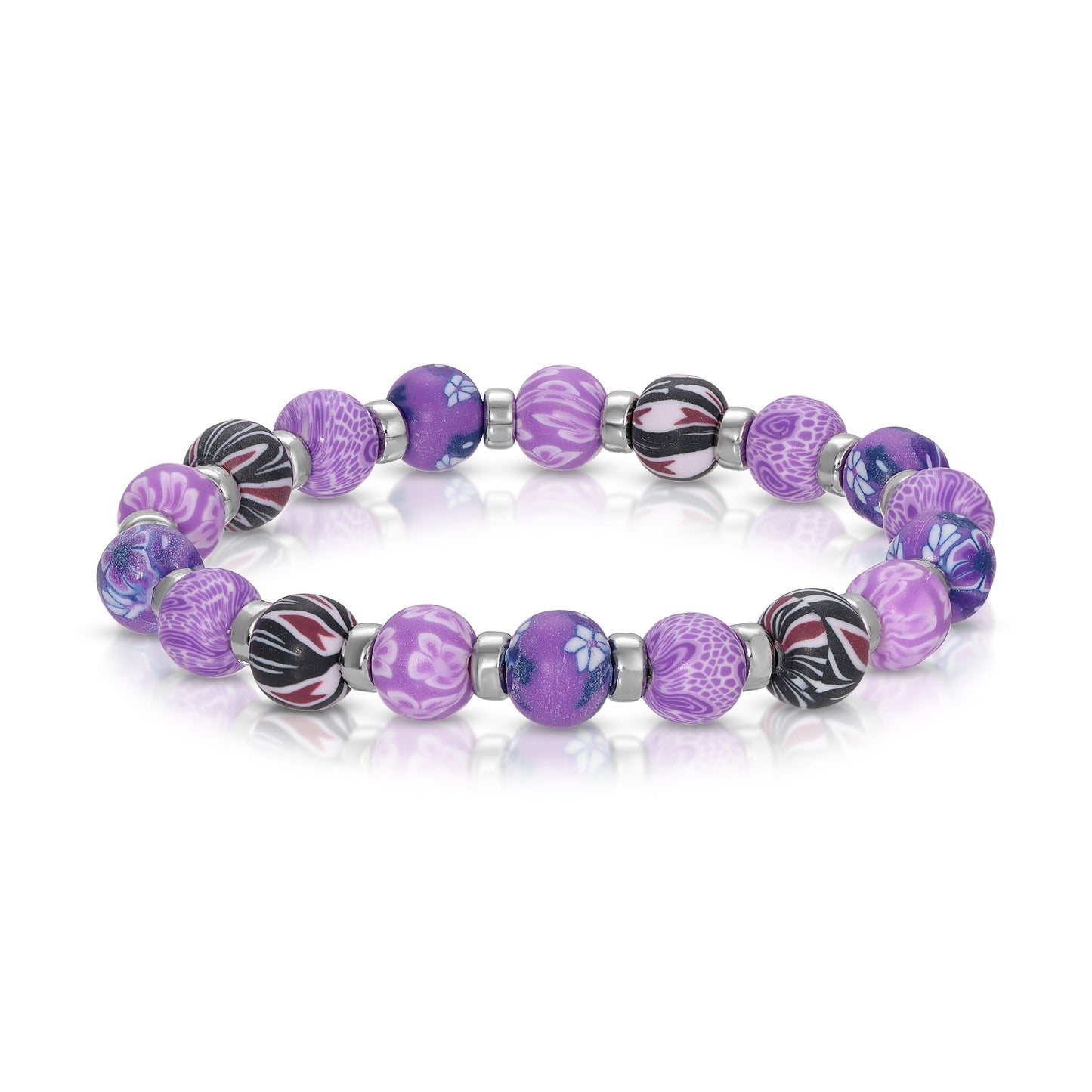 purple beaded bracelet with floral designs