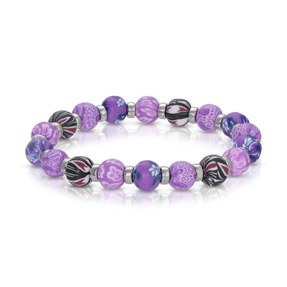 purple beaded bracelet with floral designs