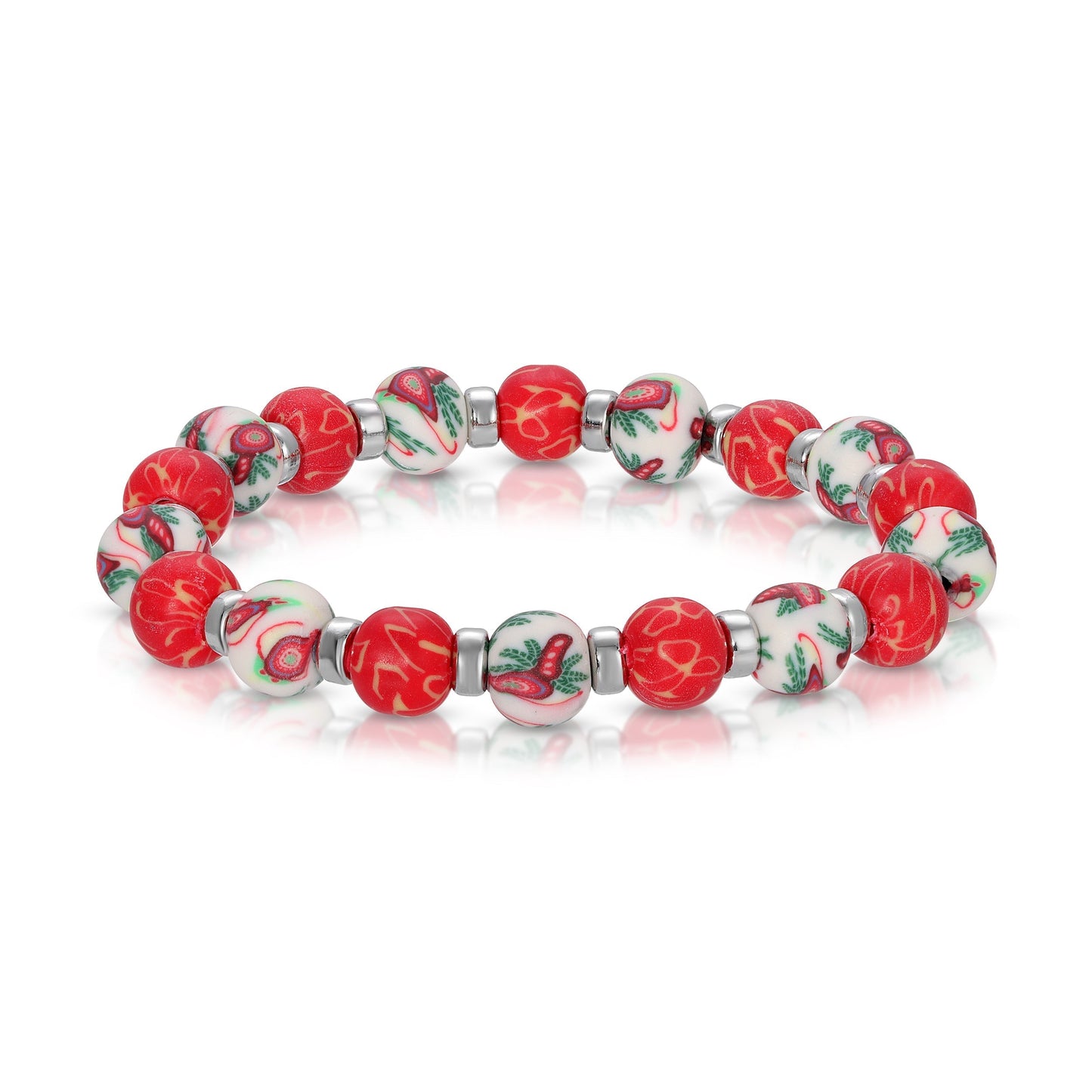 colorful beaded bracelet with red and white designs