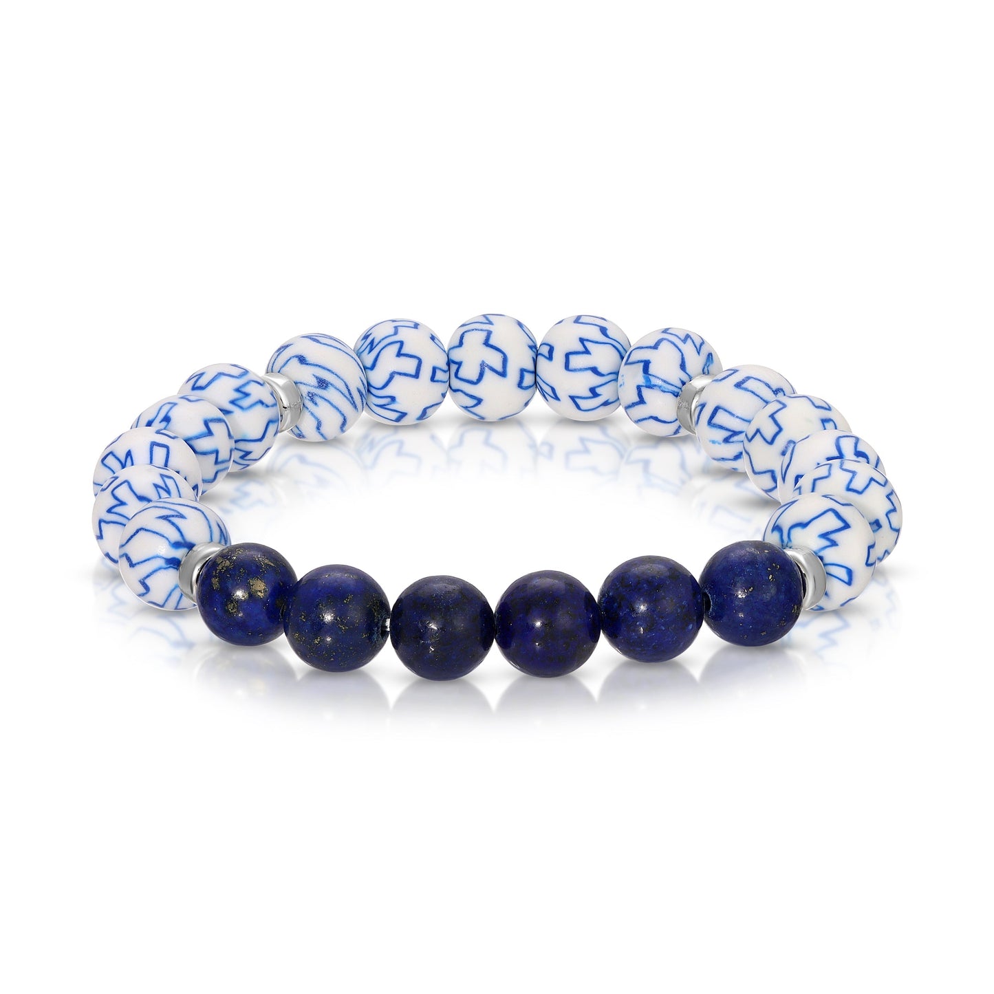 blue and white beaded bracelet with geometric pattern