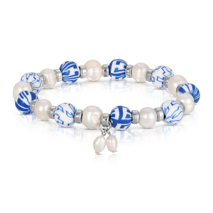 blue and white beaded bracelet with pearls