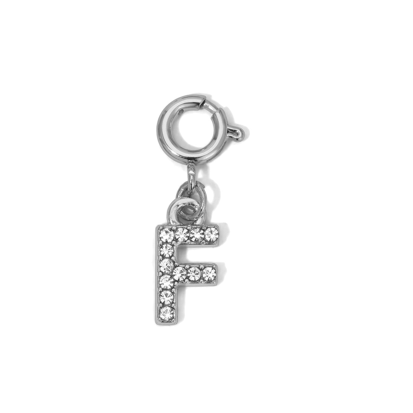 silver f letter charm with crystals