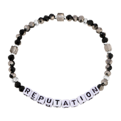 Beaded bracelet with 'REPUTATION' letters on a white background
