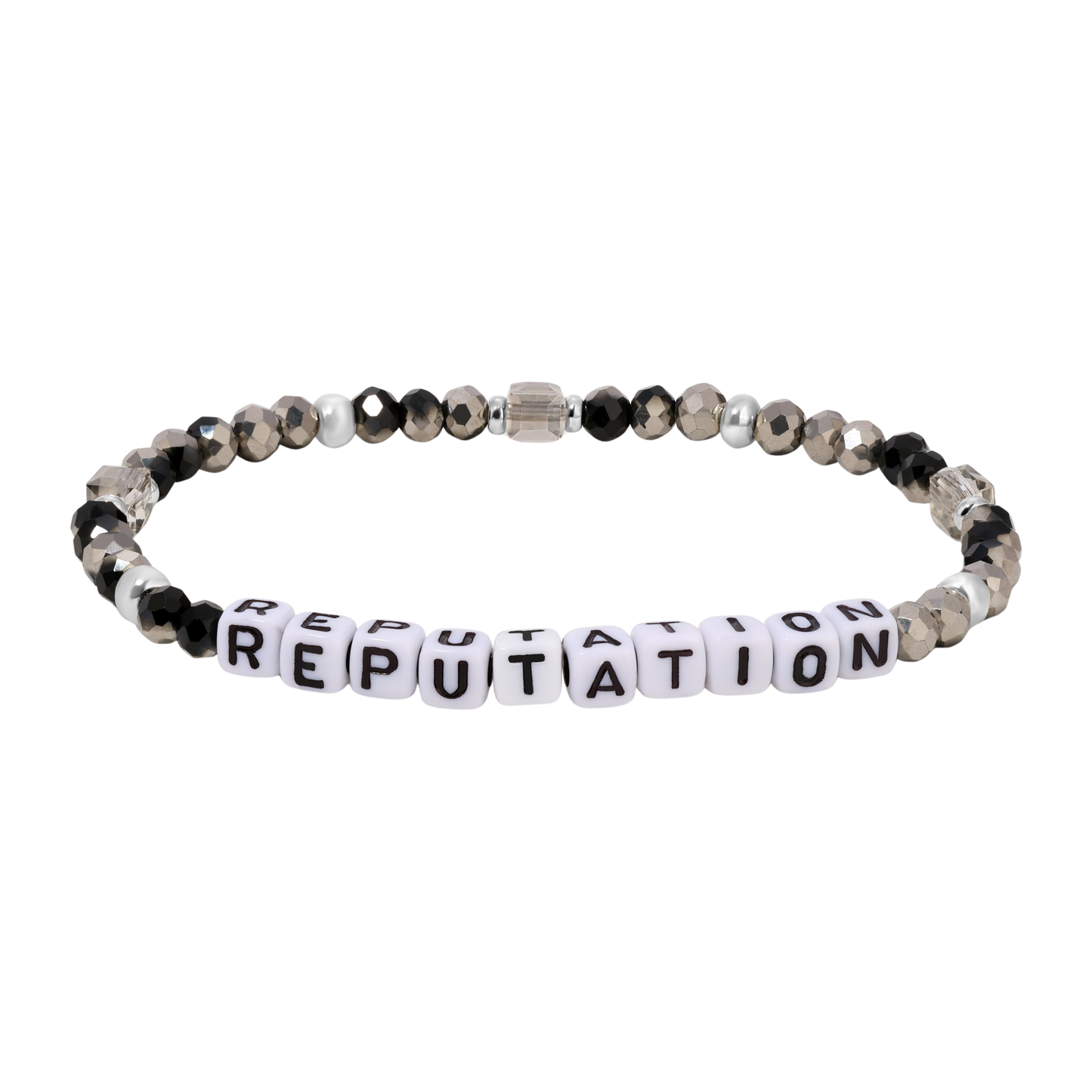 Bracelet with beads spelling 'REPUTATION' on a white background