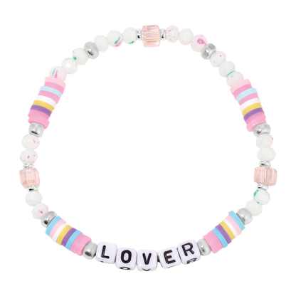 Colorful beaded bracelet with 'LOVER' letters on a white background