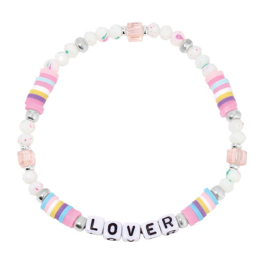 Colorful beaded bracelet with 'LOVER' letters on a white background