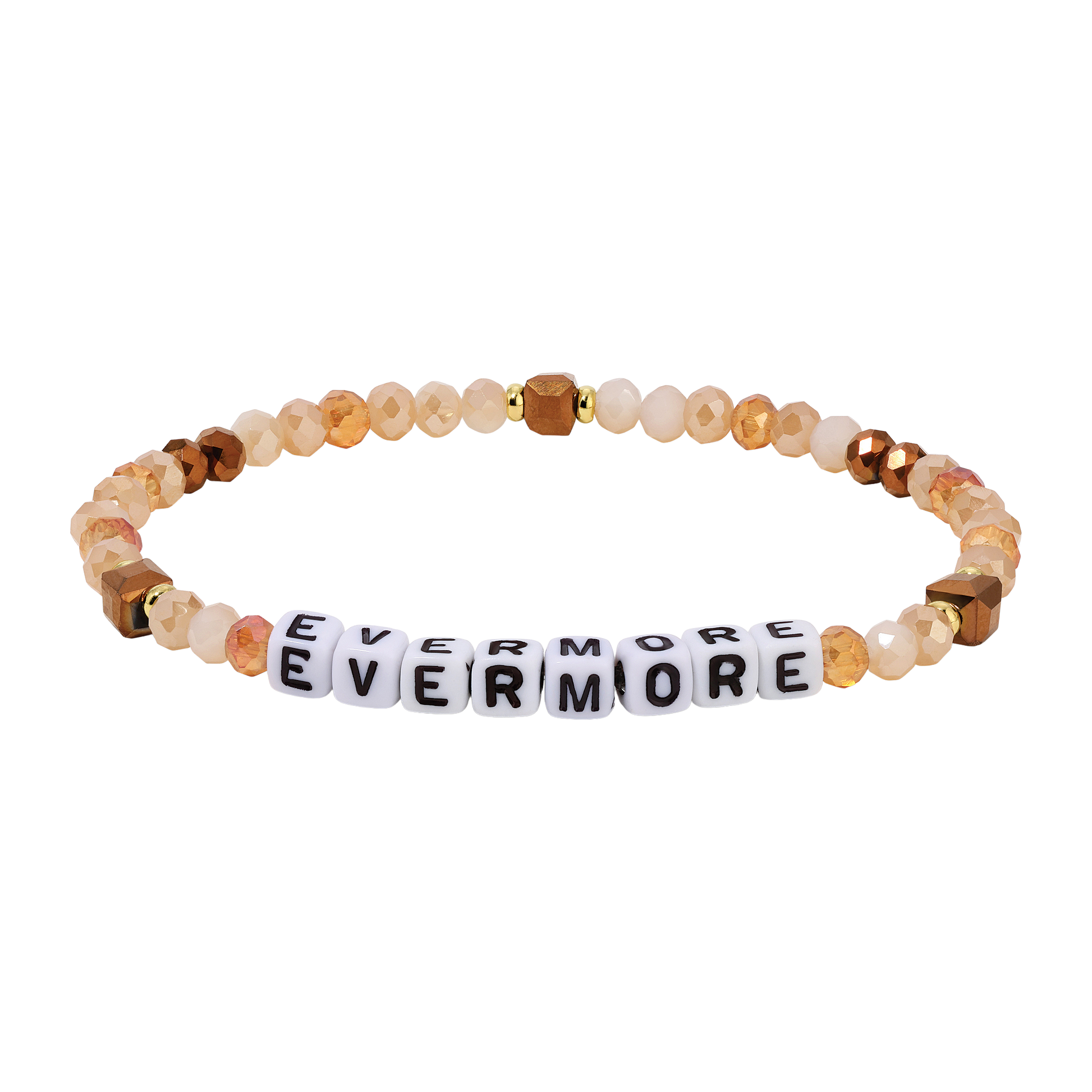 Beaded bracelet with 'EVERMORE' beads on a white background