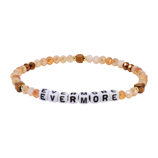Beaded bracelet with 'EVERMORE' beads on a white background