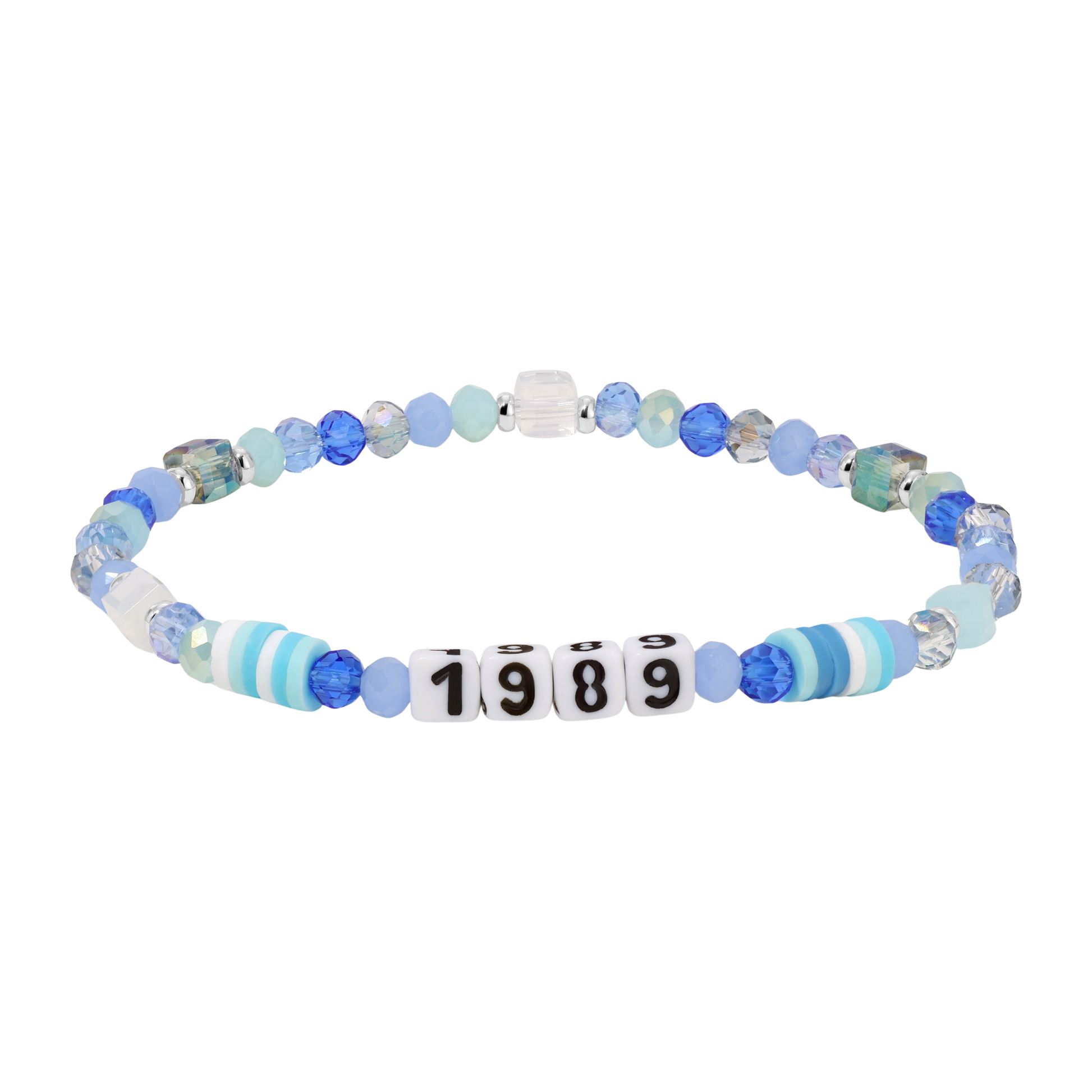 blue and white beaded bracelet with 1989 charms