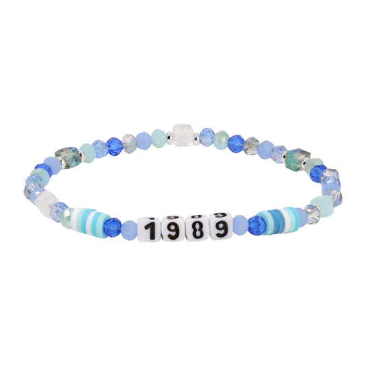 blue and white beaded bracelet with 1989 charms