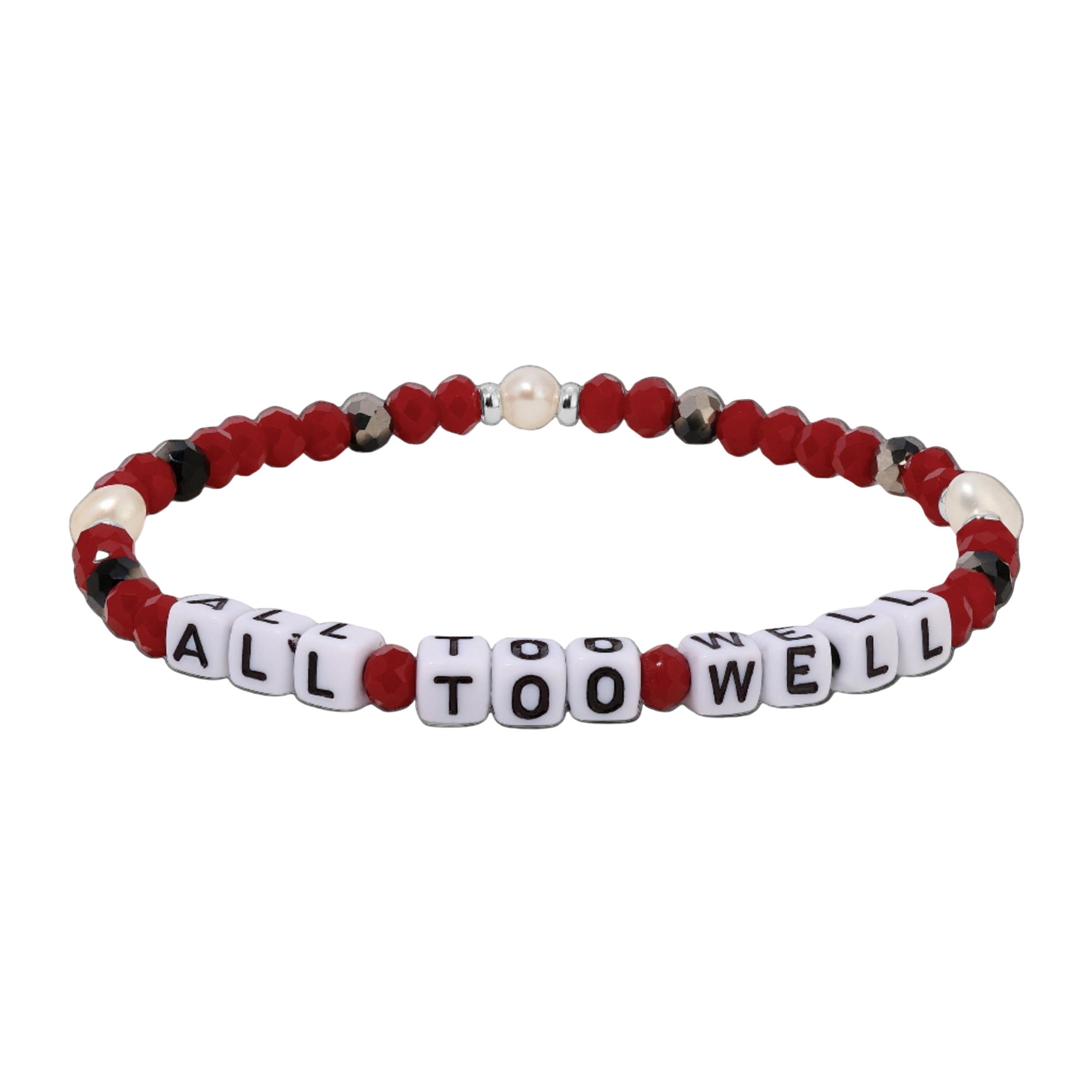 Bracelet with red, white, and black beads spelling 'ALL TOO WELL' on a white background
