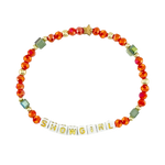Bracelet with colorful beads and 'SHOWGIRL' letter beads on a white background