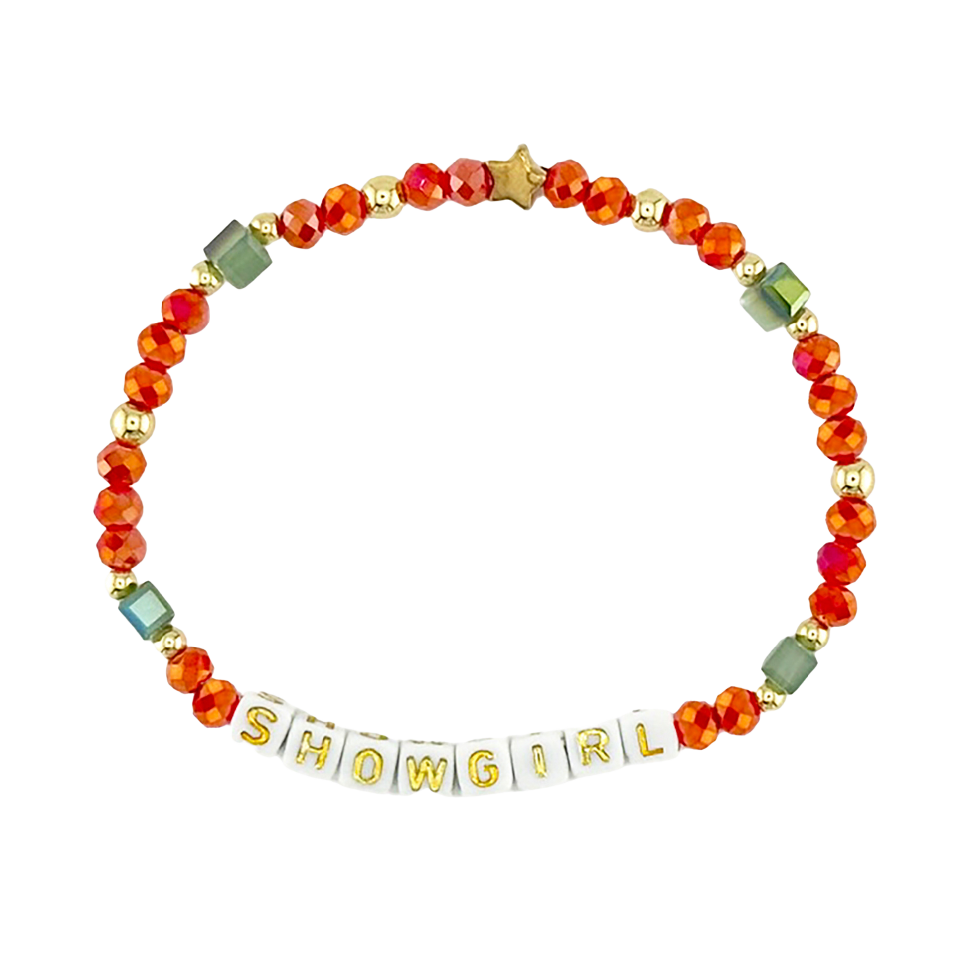 Bracelet with colorful beads and 'SHOWGIRL' letter beads on a white background