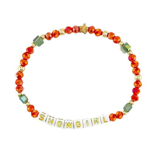 Bracelet with colorful beads and 'SHOWGIRL' letter beads on a white background