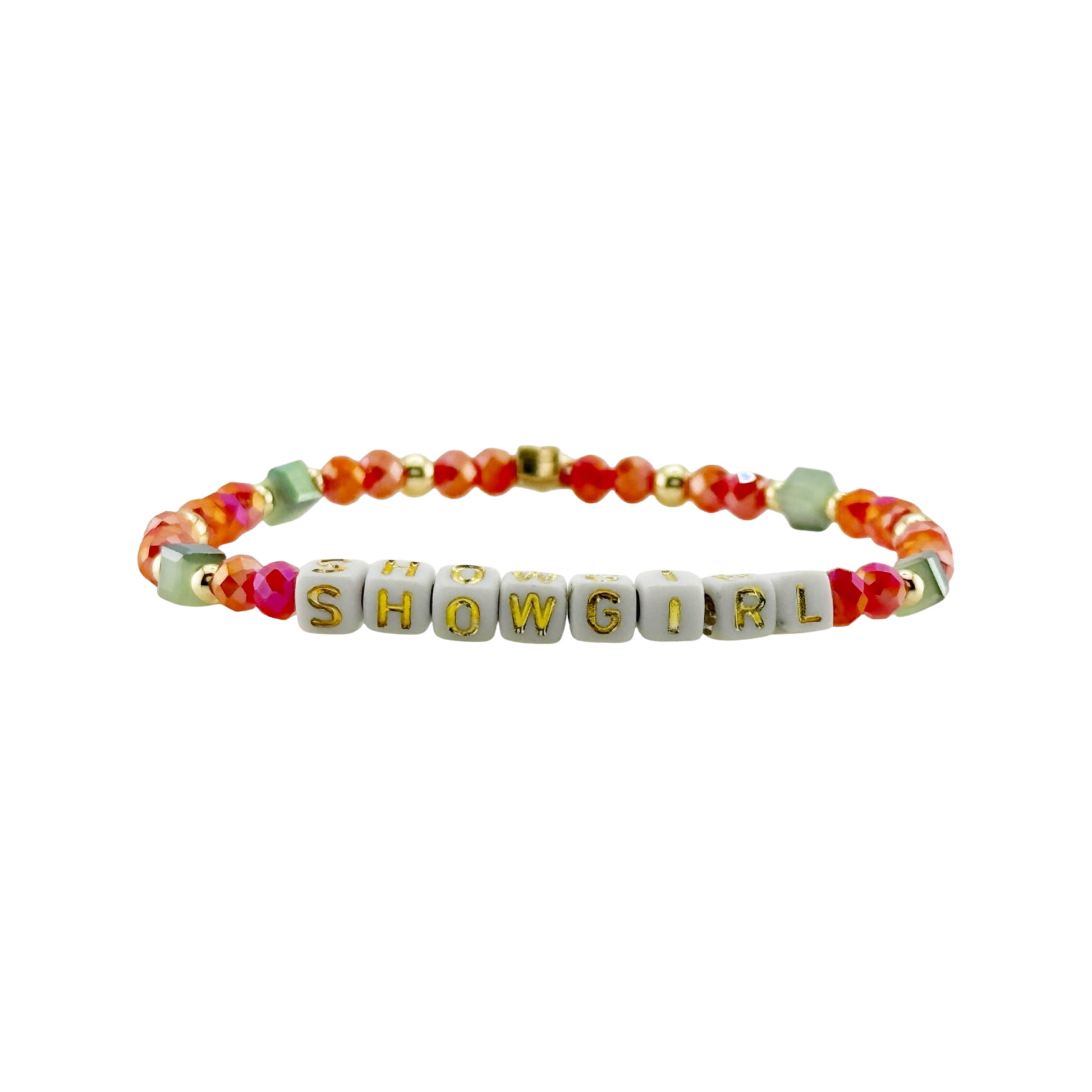 Bracelet with colorful beads and 'SHOWGIRL' letters on a white background