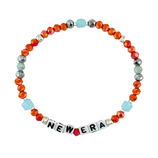 Colorful beaded bracelet with 'NEW ERA' letters on a white background