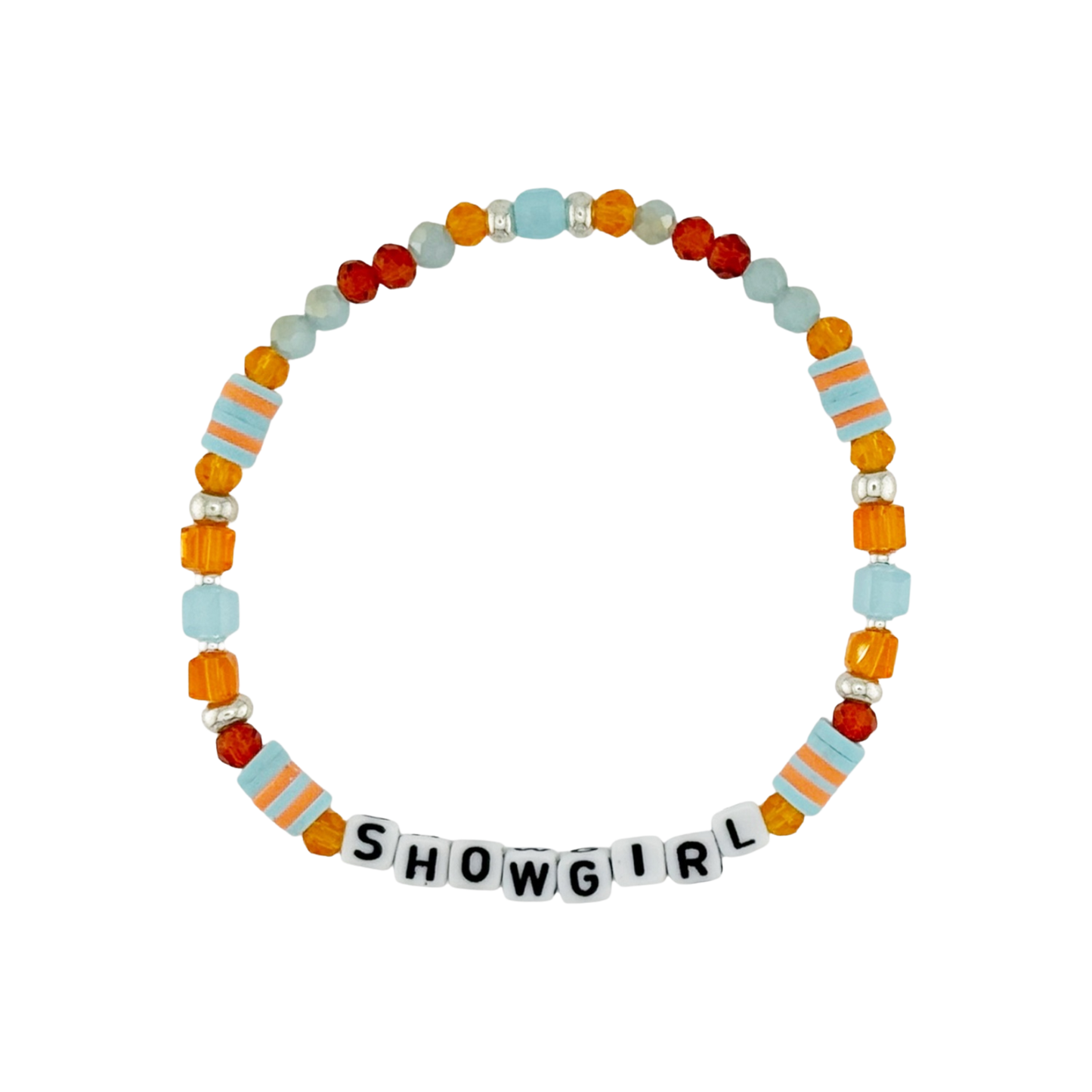 Colorful beaded bracelet with 'SHOWGIRL' letters on a white background