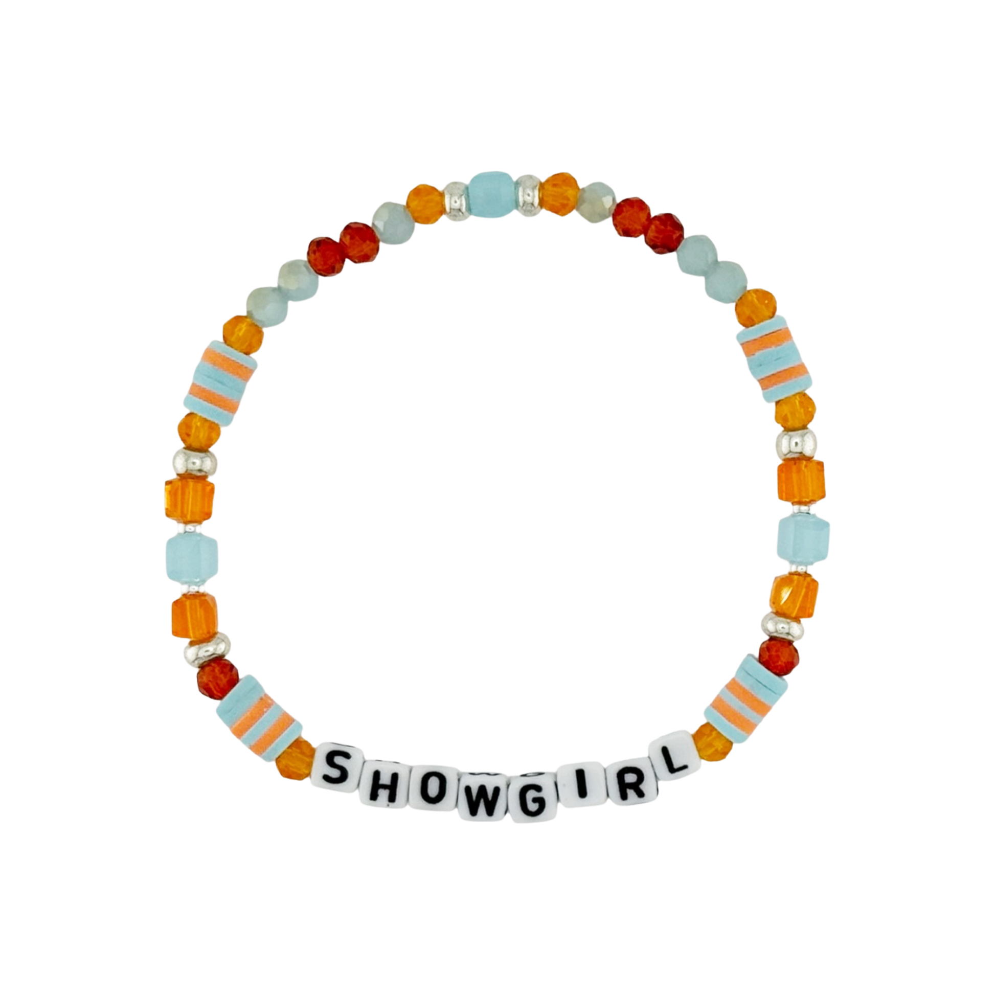 Colorful beaded bracelet with 'SHOWGIRL' letters on a white background