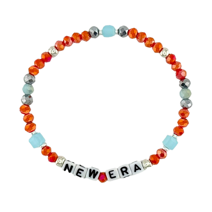 Colorful beaded bracelet with 'NEW ERA' letters on a white background
