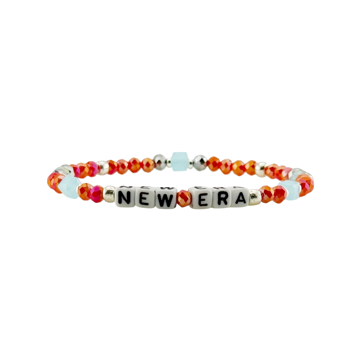 Colorful beaded bracelet with 'NEW ERA' beads on a white background