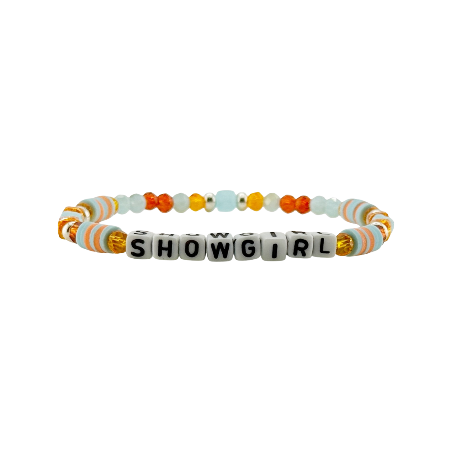 Bracelet with 'SHOWGIRL' beads on a white background