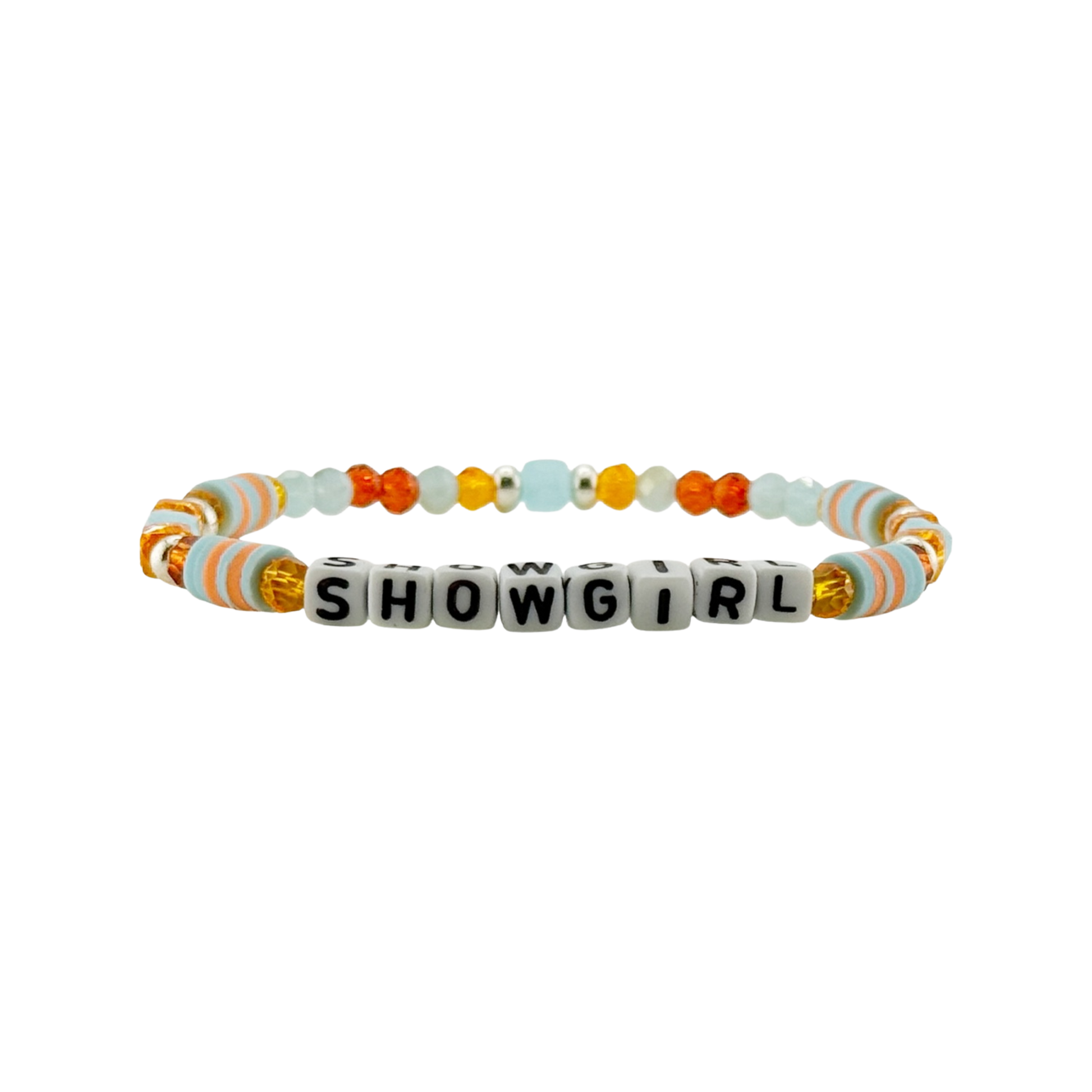 Bracelet with 'SHOWGIRL' beads on a white background