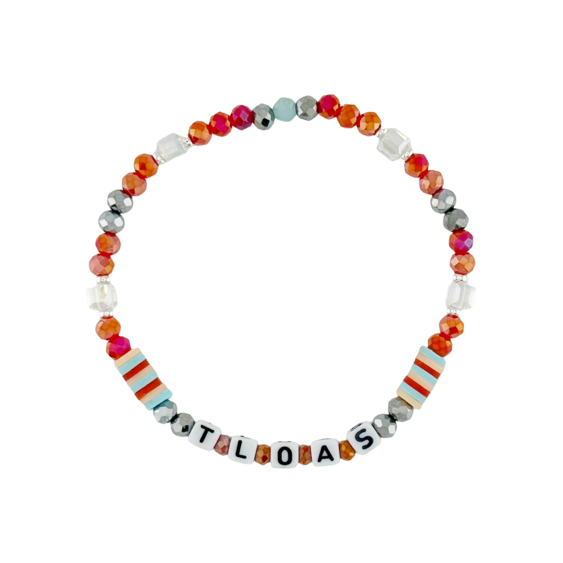 Colorful beaded bracelet with letter beads spelling 'TLOAS' on a white background