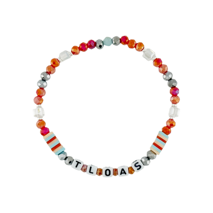 Colorful beaded bracelet with letter beads spelling 'TLOAS' on a white background