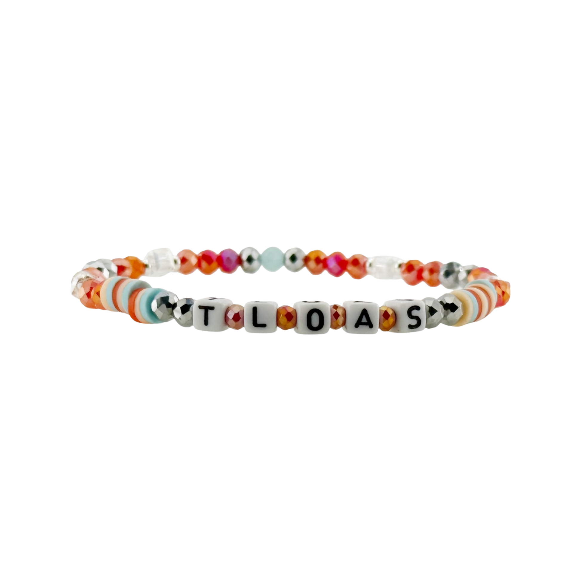 Colorful beaded bracelet with letter beads spelling out 'TLOAS' on a white background