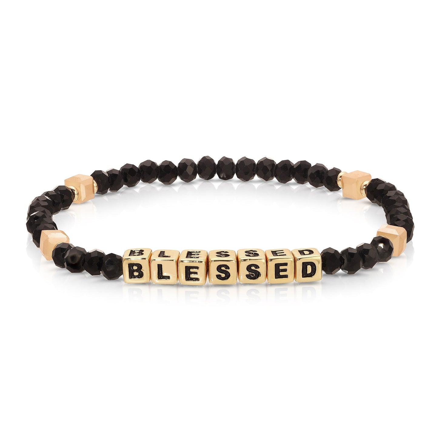 black beaded bracelet with gold blessed letters