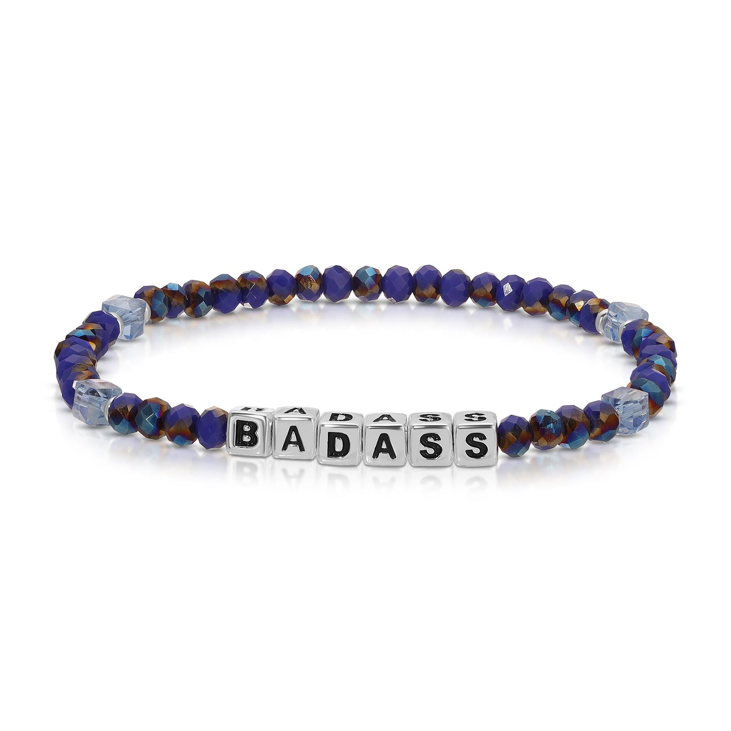 blue beaded bracelet with badass block letters