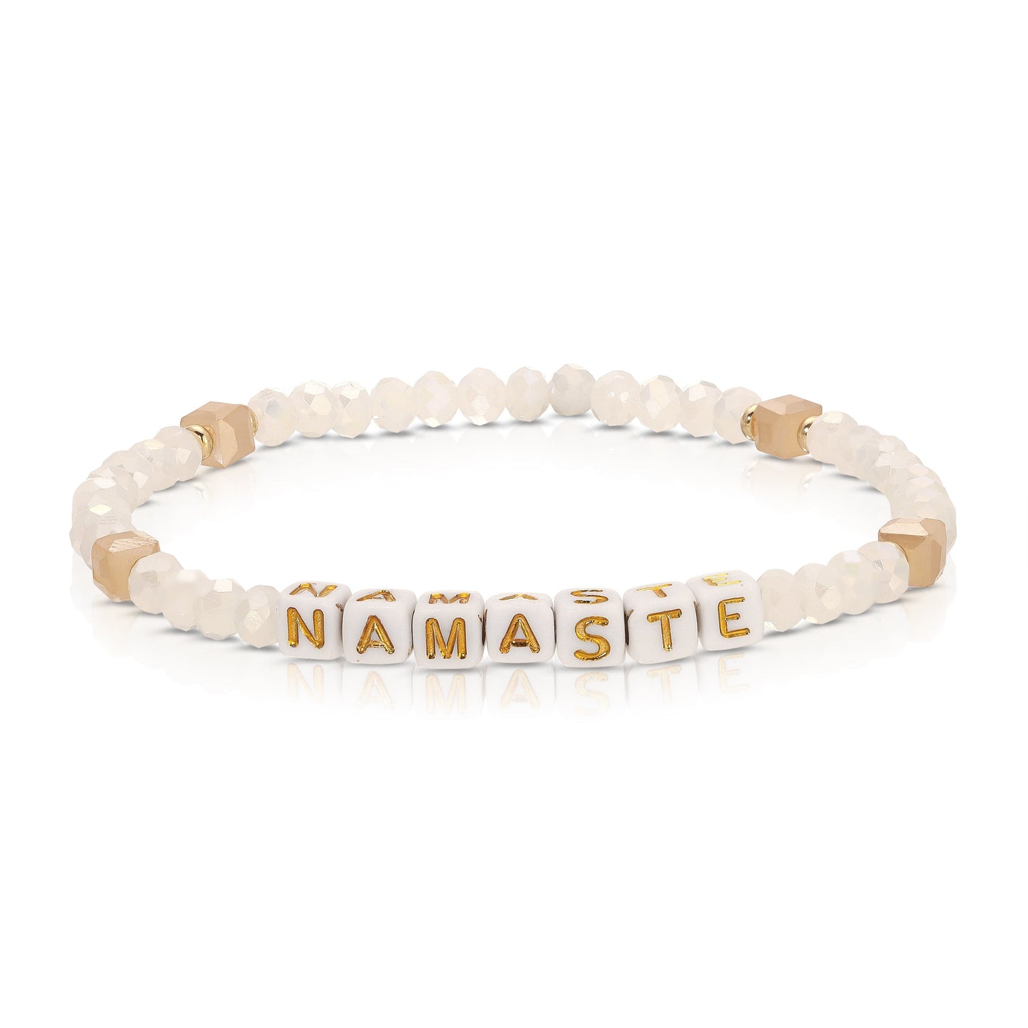 white beaded namaste bracelet with gold accents
