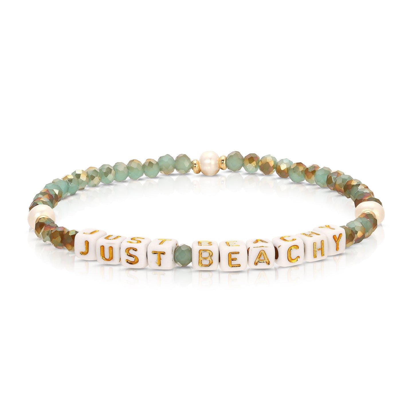 multicolored beaded bracelet with just beachy text