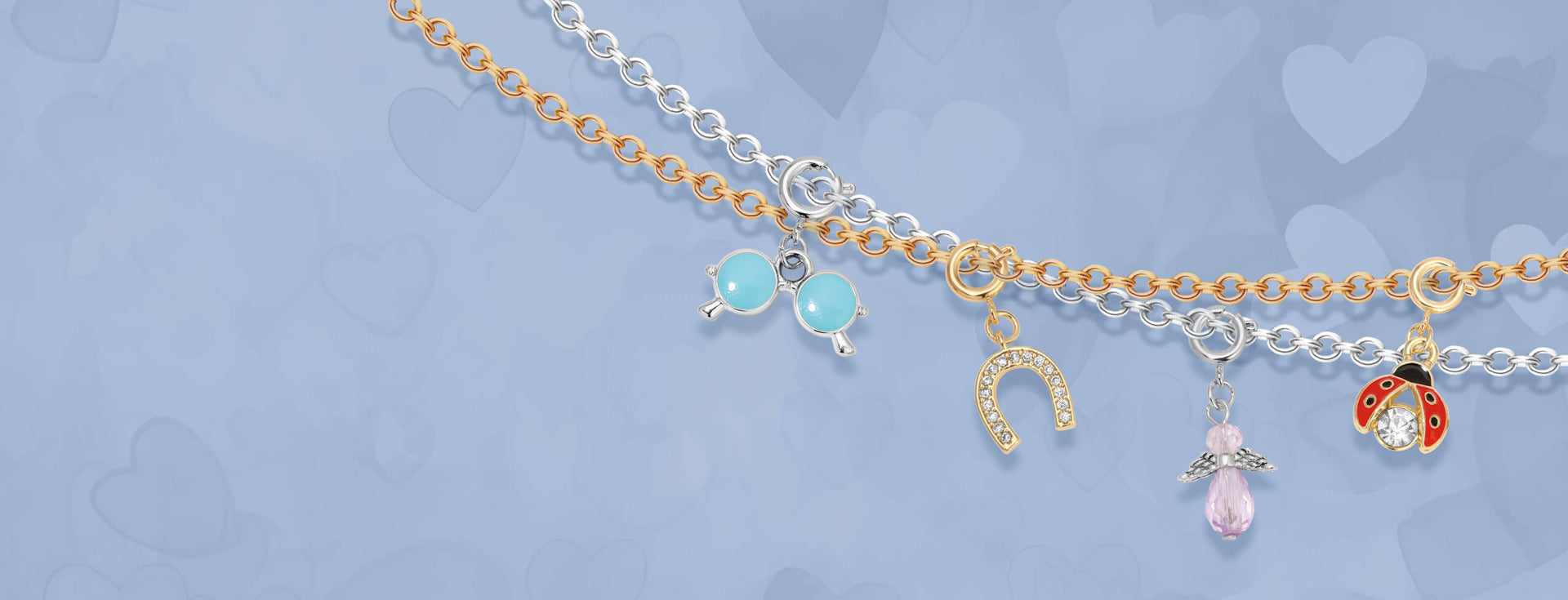 bracelets with charms on blue heart background