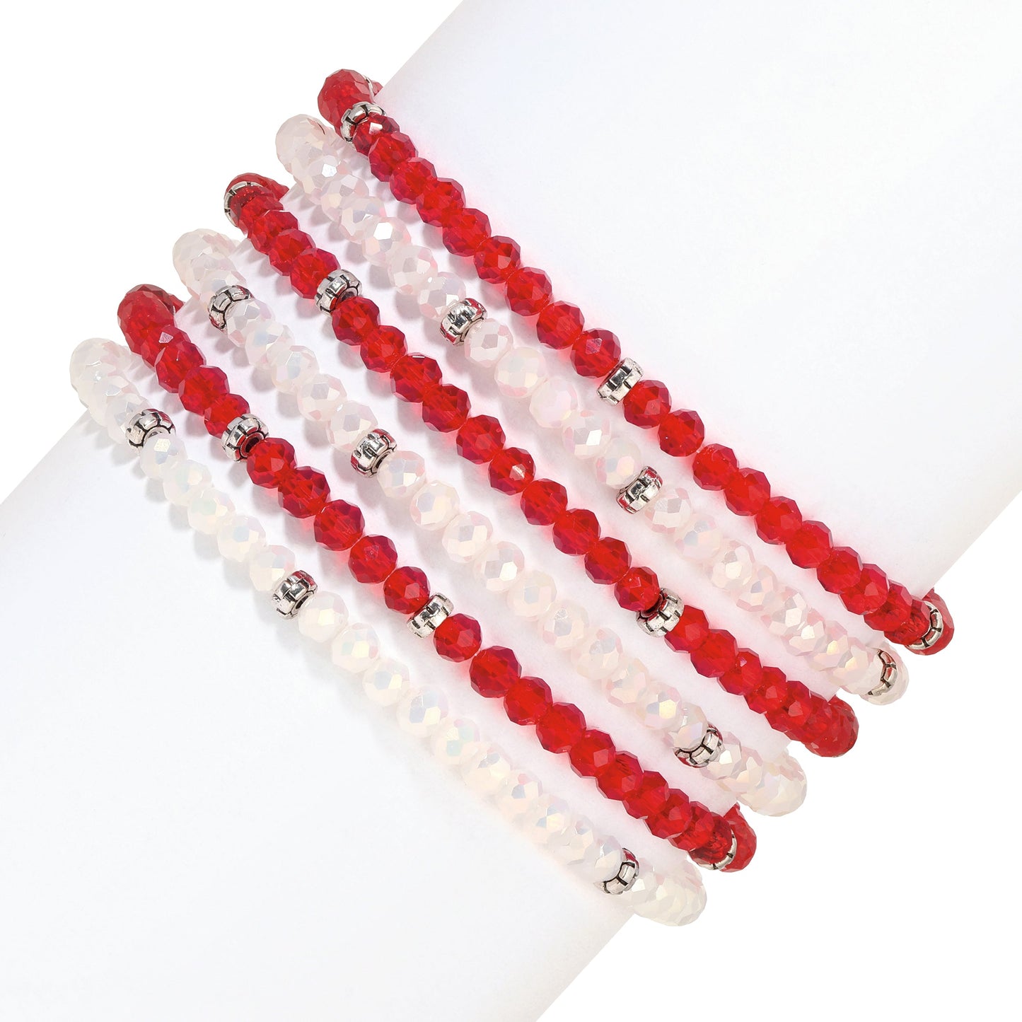 red and white beaded bracelets on white background