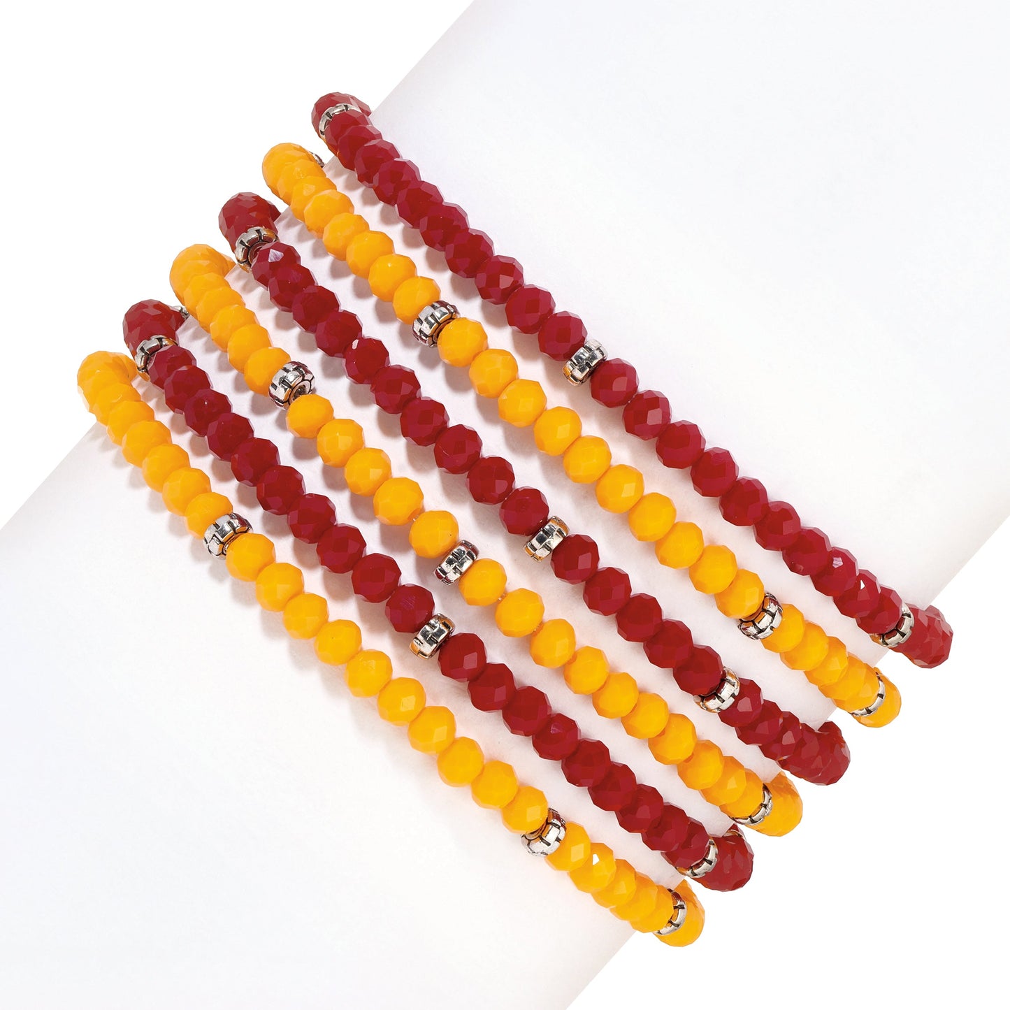 red and yellow beaded bracelets on white background