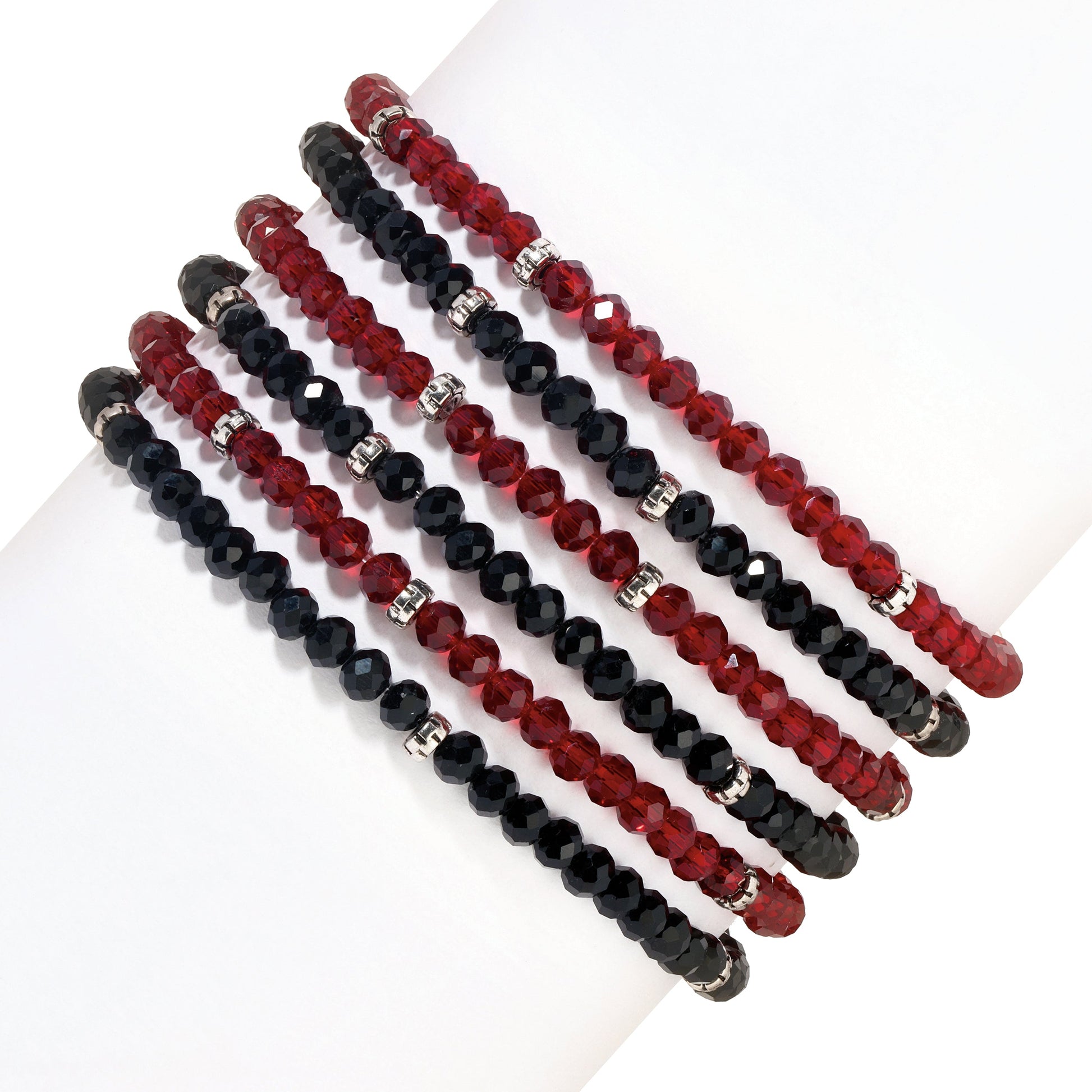 red and black beaded bracelets on display