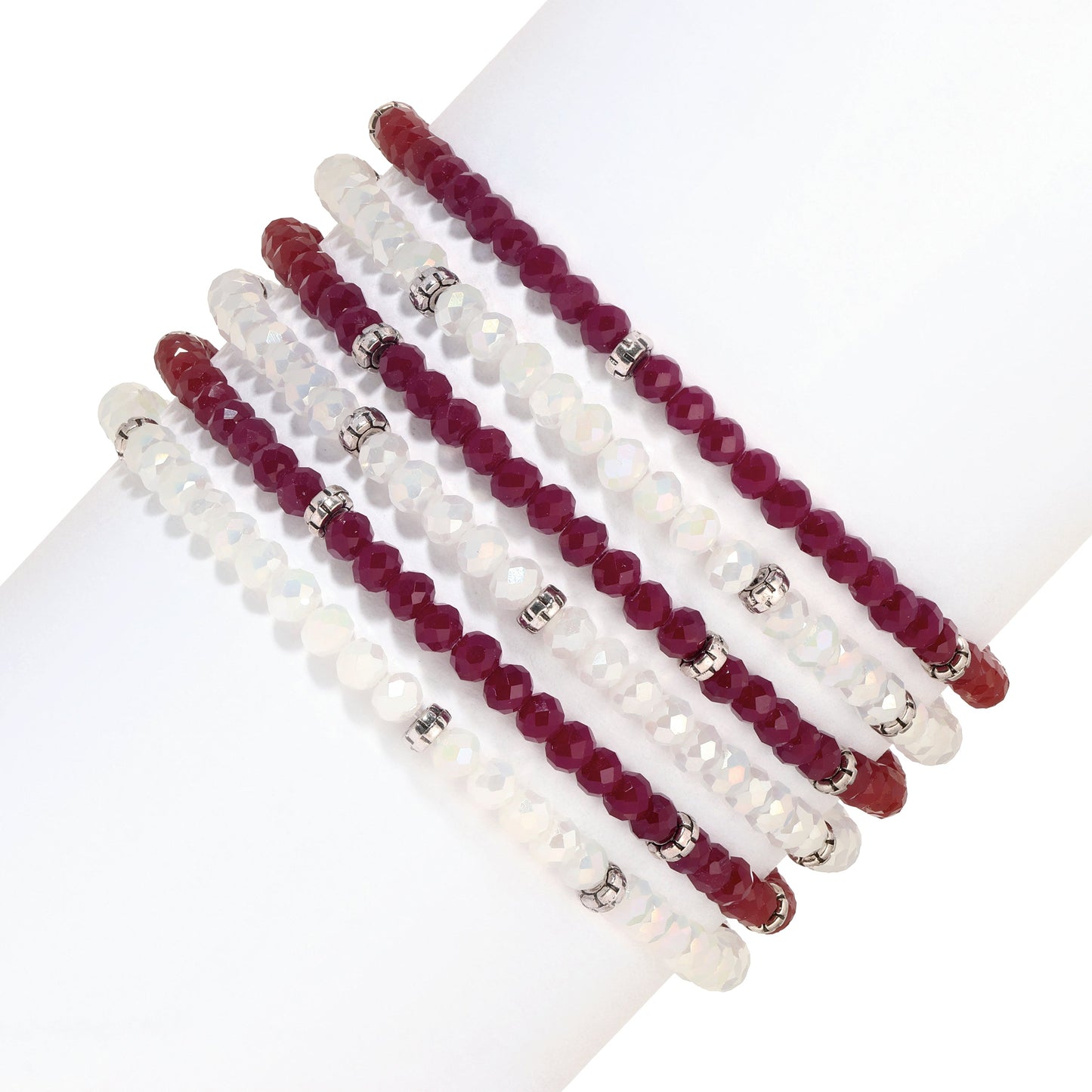 beaded bracelet set with red and white crystals