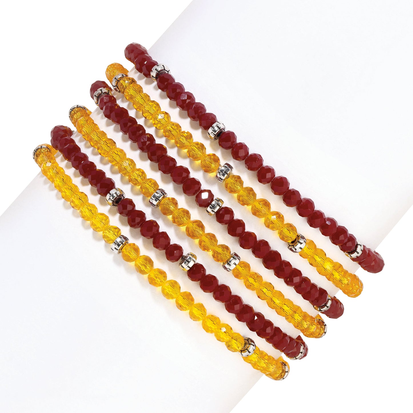 red and yellow bead bracelets on white background