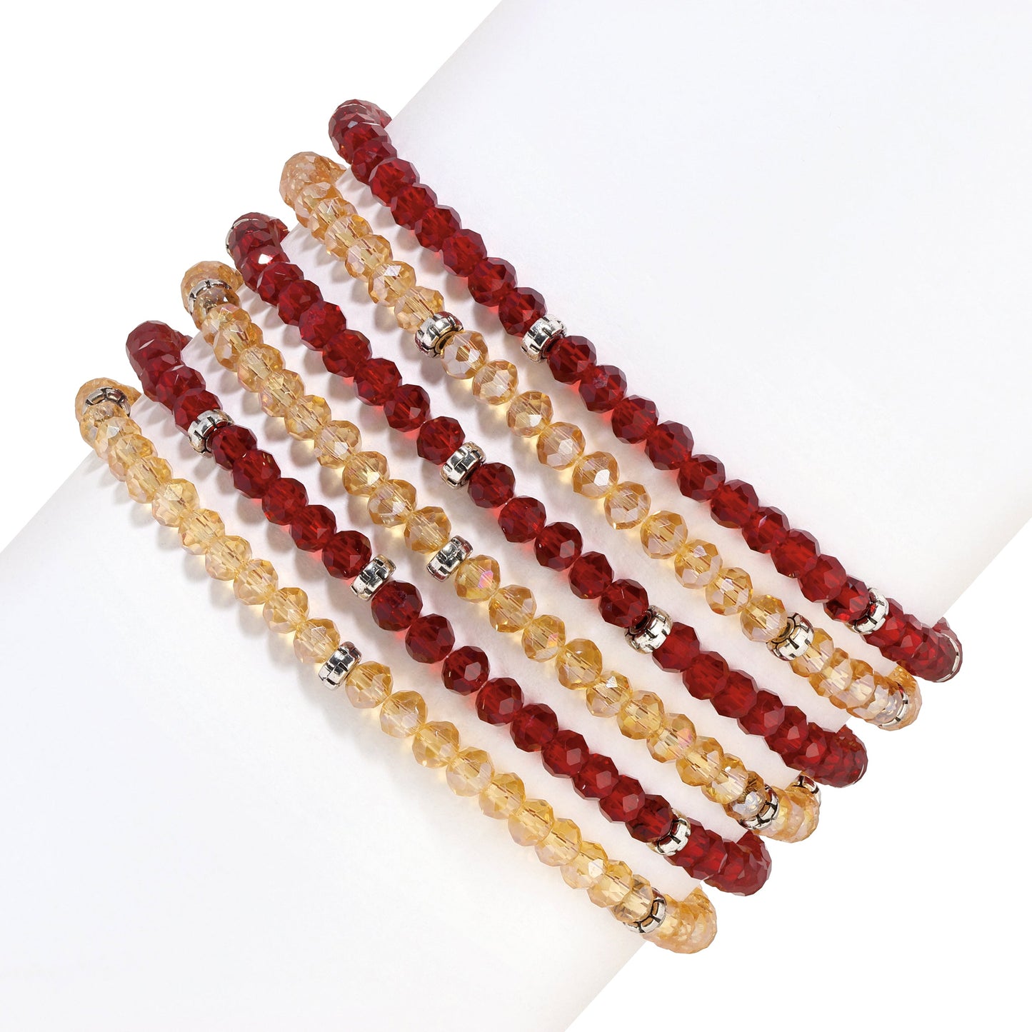 red and yellow beaded bracelets on white background