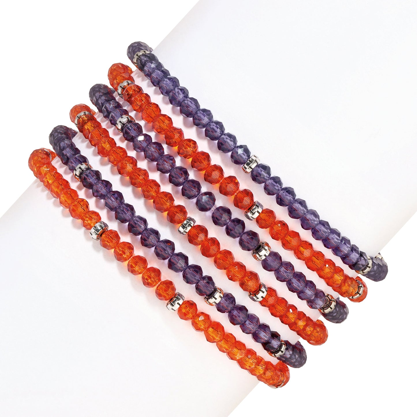 purple and orange beaded bracelets on white background