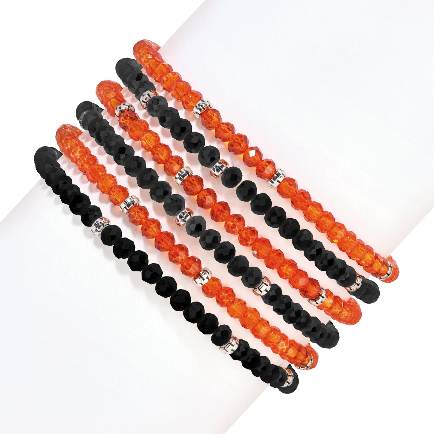 black and orange beaded bracelets on white background