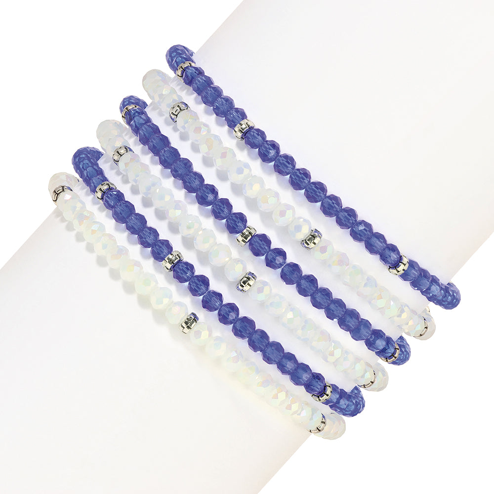 blue and white beaded bracelets stack