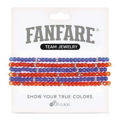 fanfare team jewelry with blue and orange beaded bracelets