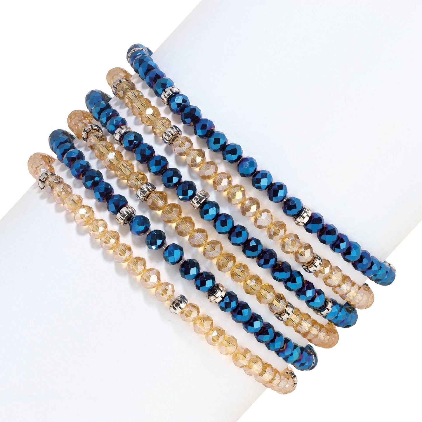 blue and gold beaded bracelets on white background