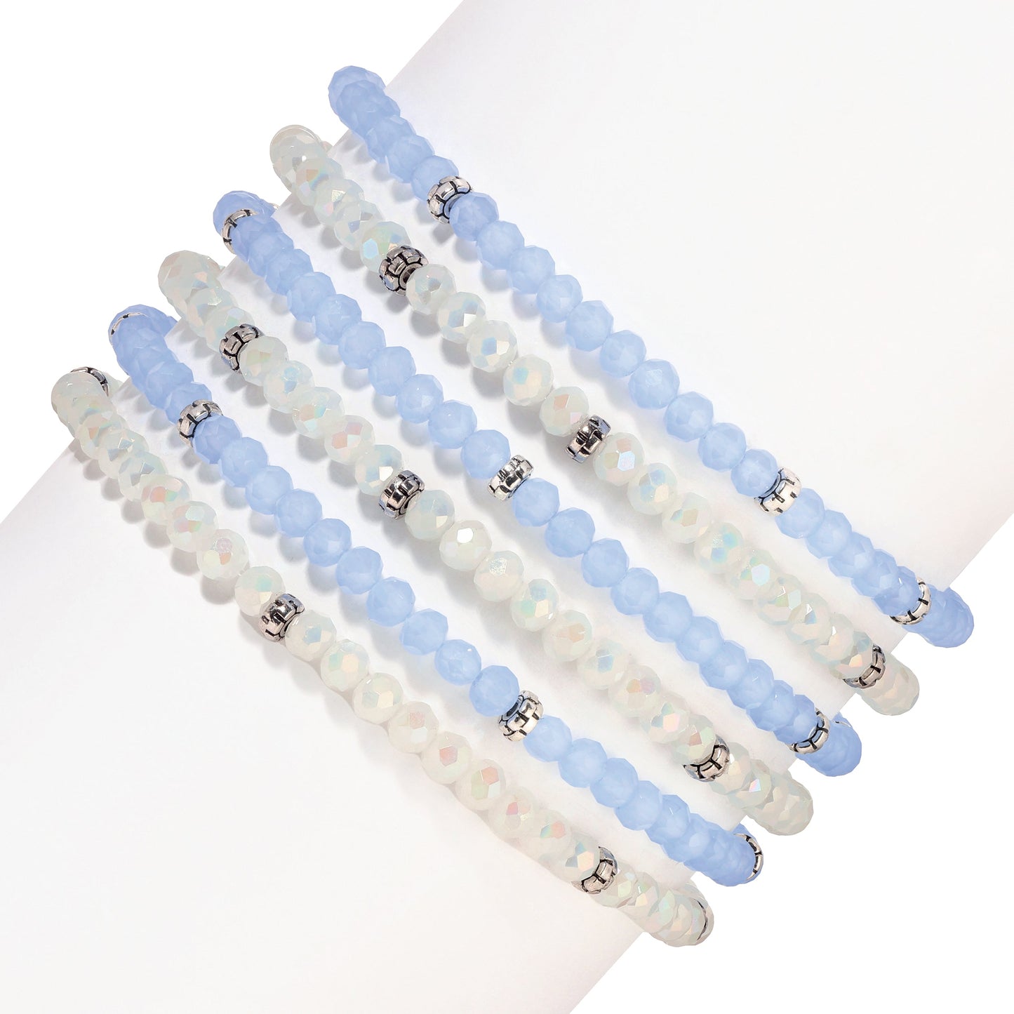 blue and white beaded bracelet stack on white background
