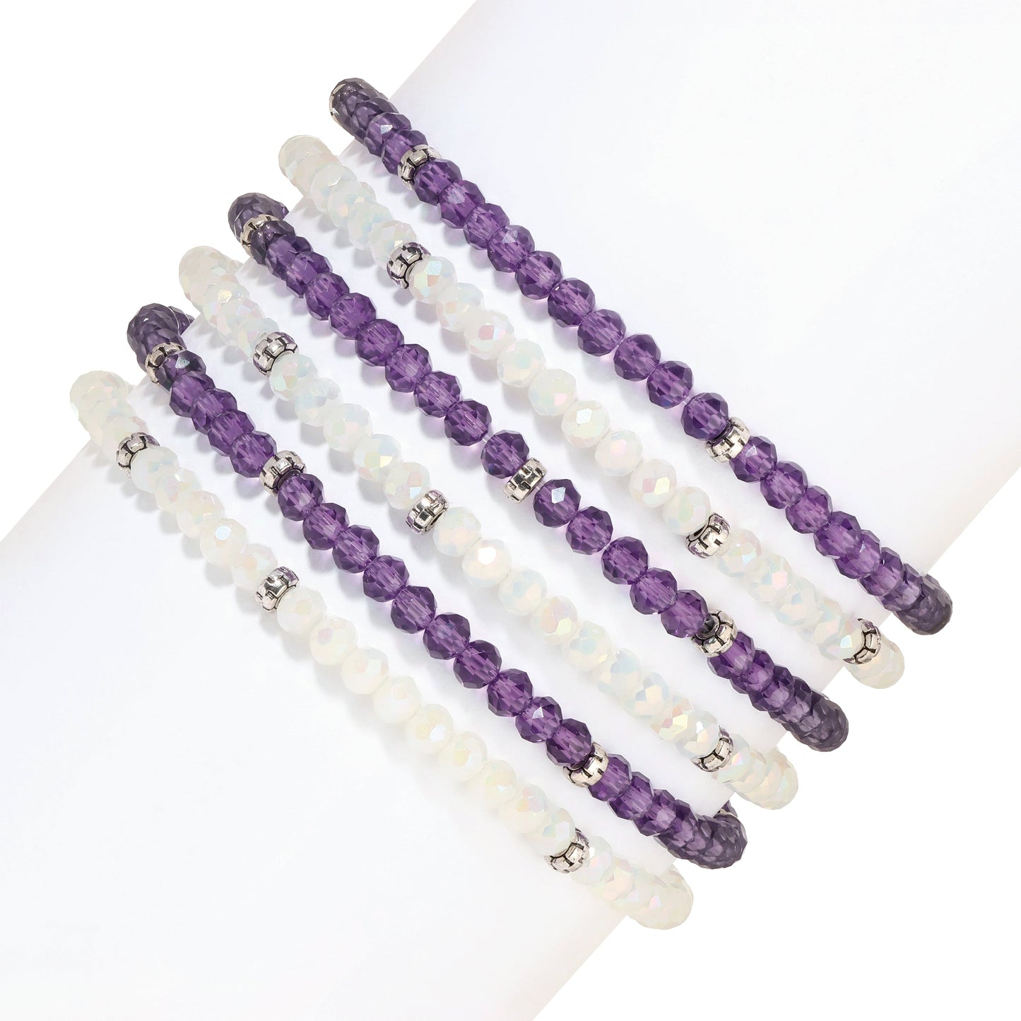 purple and white beaded bracelets stack